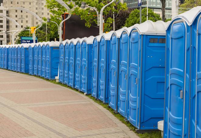 a row of portable restrooms at a trade show, catering to visitors with a professional and comfortable experience in Coventry CT